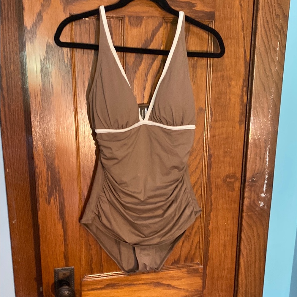 Tommy Bahama Brown One-Piece Swimsuit with White Trim.
